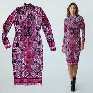 Venus Mock Turtleneck Versace Inspired Print Long Sleeve BodyCon Dress S